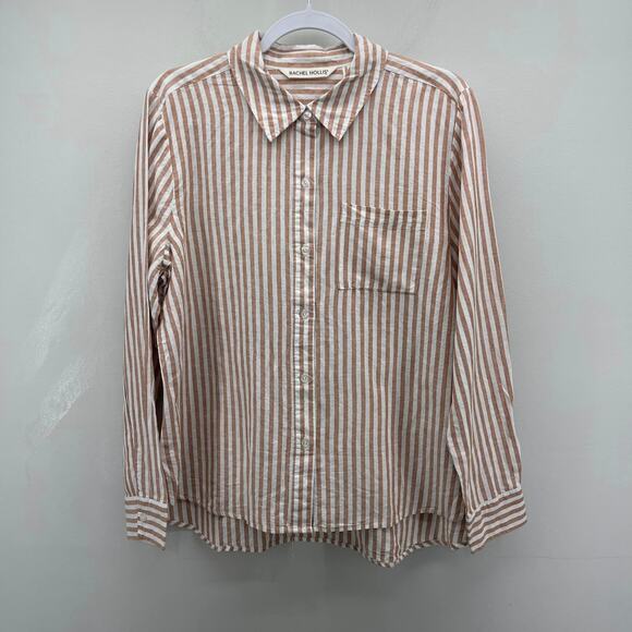 Rachel Hollis Ltd. Striped Burnt Sienna Linen Blend Button Front Blouse - Picture 1 of 7